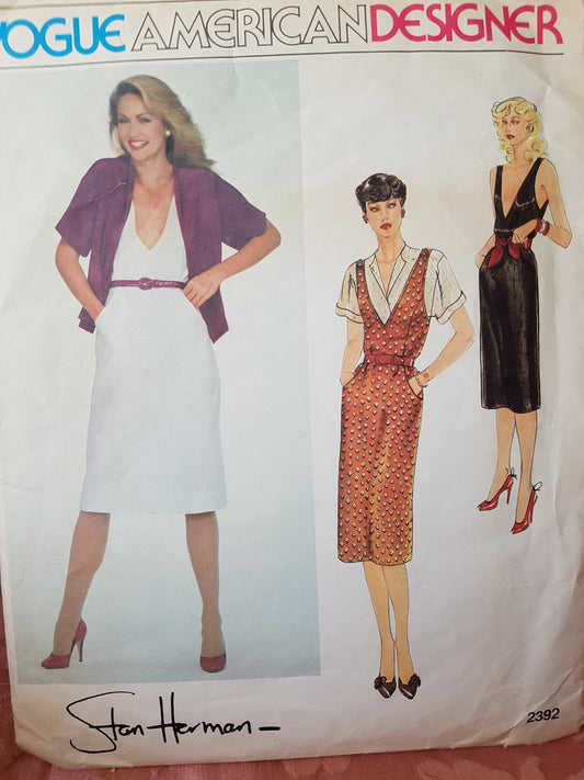 1980s FABULOUS Stan Herman Dress and Top Pattern VOGUE American Designer 2392 Plunging V Neckline Cocktail Dress or Jumper and Blouse Bust 32 Vintage Sewing Pattern