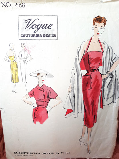 1950s GORGEOUS Slim Dress, Bolero and Stole Pattern VOGUE Couturier Design Halter Style Dress, Stunning Couture Details, Bust 30 Vintage Sewing Pattern