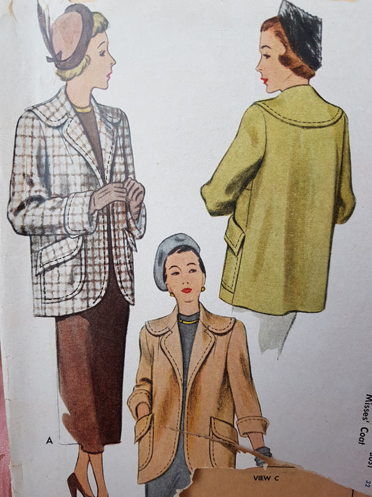 Late 1940s  EASY Elegance Jacket Car Coat Pattern McCALL 7601 Beautiful Jacket Design Bust 32 Vintage Sewing Pattern