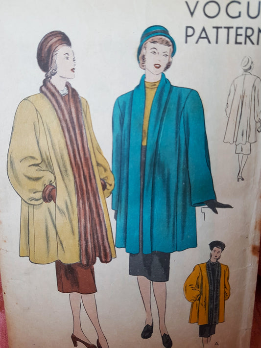 1940s GORGEOUS Film Noir Style Coat Pattern VOGUE 5848 Stunning Sleeve Versions ,Flared Back 3/4 Length Jacket Coat Bust 30 Vintage Sewing Pattern