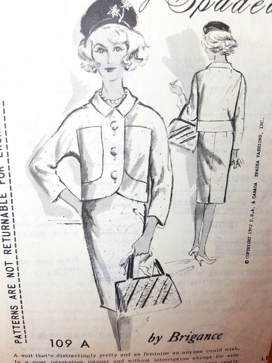 Early 1960s CLASSY Slim Skirt Suit by Brigance Pattern SPADEA 109A Lovely Slim Skirt and Shorter Jacket, Bust 35 Vintage Sewing Pattern FF
