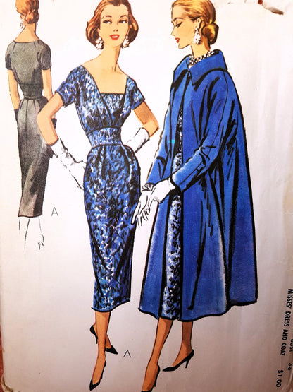 1950s STUNNING Cocktail Evening Dress and Flared Back Coat Pattern McCALL's 4295 Beautiful Slim Dress Stunning Coat, Bust 36 Vintage Sewing Pattern