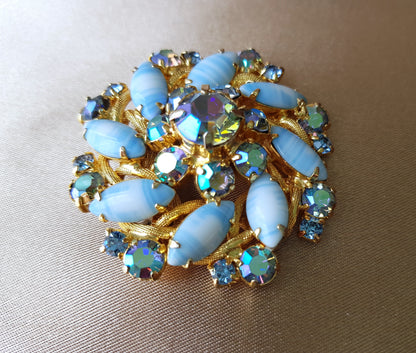 STUNNING Art Glass Brooch, Blue and AB Glass Stones, Pinwheel Design,Layered Brooch, MCM,Mid-Century ,Collectible Vintage Jewelry