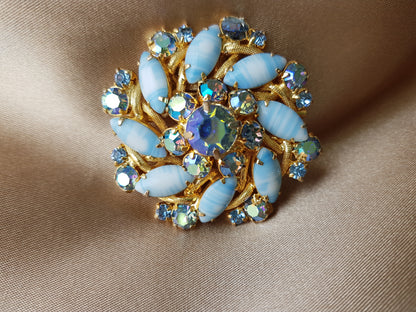 STUNNING Art Glass Brooch, Blue and AB Glass Stones, Pinwheel Design,Layered Brooch, MCM,Mid-Century ,Collectible Vintage Jewelry
