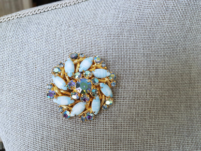STUNNING Art Glass Brooch, Blue and AB Glass Stones, Pinwheel Design,Layered Brooch, MCM,Mid-Century ,Collectible Vintage Jewelry