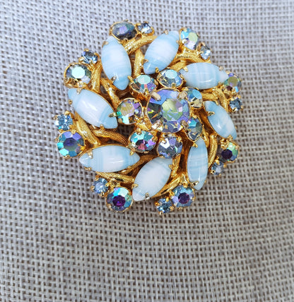 STUNNING Art Glass Brooch, Blue and AB Glass Stones, Pinwheel Design,Layered Brooch, MCM,Mid-Century ,Collectible Vintage Jewelry
