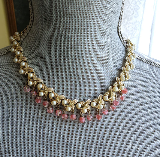 BEAUTIFUL Vintage Fringe Necklace,Enamel, Faux Pearls and Pink Art Glass Drops, Signed Coro,Lovely Vintage Necklace, Collectible Vintage Jewelry