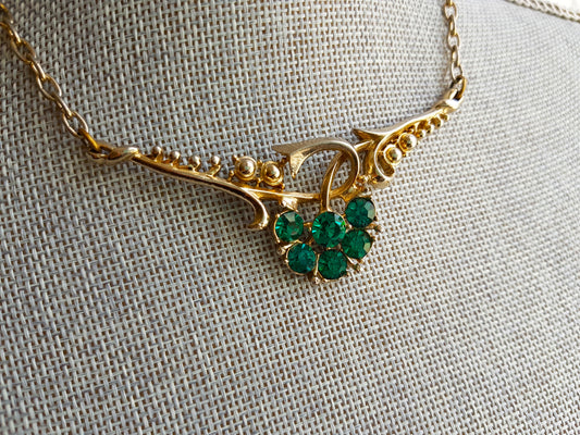 BEAUTIFUL 1950s CORO Emerald Green Glass Rhinestones Necklace, Unique Design, Gold Tone Metal Necklace, Mid Century Jewelry