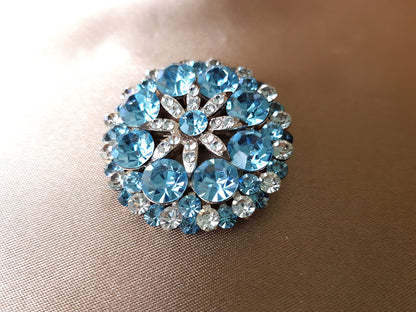 GORGEOUS Vintage Glass Rhinestone Brooch, Faceted Sparkling Crystal Blue Stones , Mid-Century Brooch, Collectible Vintage Jewelry