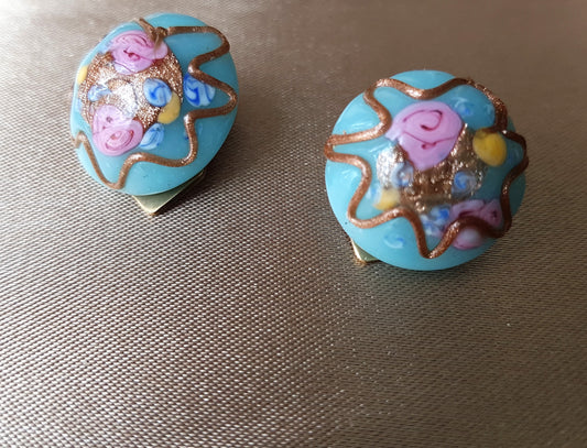 GORGEOUS Venetian Art Glass Earrings, Baby Blue and Pink with Goldstone Art Glass, Wedding Cake Clip On Earrings, Collectible Vintage Jewelry