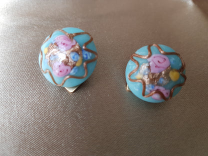 GORGEOUS Venetian Art Glass Earrings, Baby Blue and Pink with Goldstone Art Glass, Wedding Cake Clip On Earrings, Collectible Vintage Jewelry