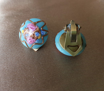 GORGEOUS Venetian Art Glass Earrings, Baby Blue and Pink with Goldstone Art Glass, Wedding Cake Clip On Earrings, Collectible Vintage Jewelry