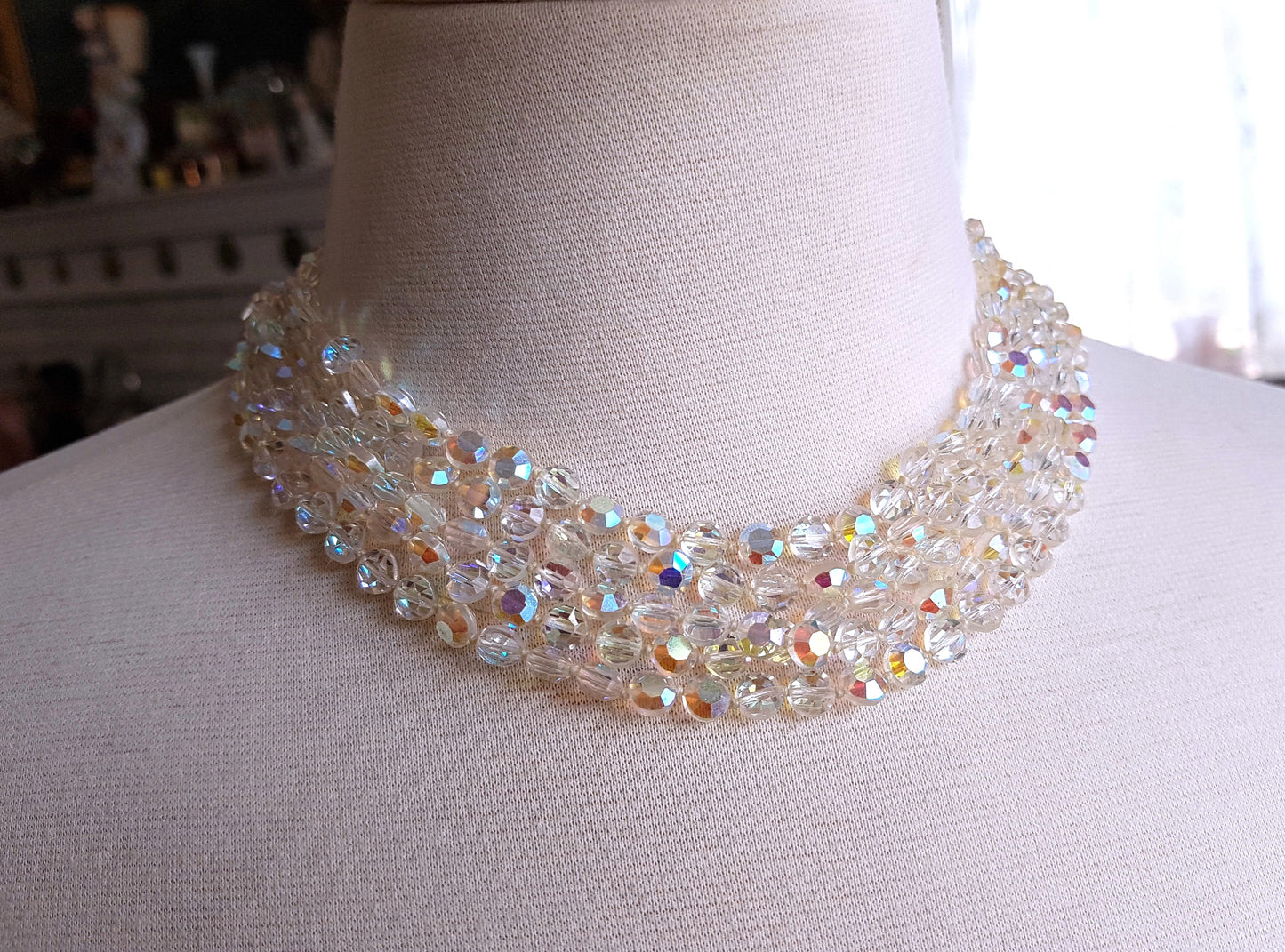Vintage 50s GLITTERING Necklace,Faceted AB Crystals Necklace,Sparkling 5 Strand Crystals,Bridal Necklace, Wedding, Evening Vintage Jewelry