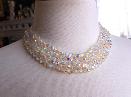 Vintage 50s GLITTERING Necklace,Faceted AB Crystals Necklace,Sparkling 5 Strand Crystals,Bridal Necklace, Wedding, Evening Vintage Jewelry