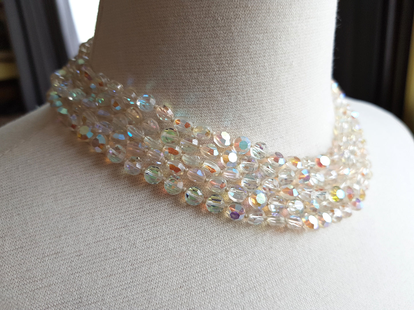 Vintage 50s GLITTERING Necklace,Faceted AB Crystals Necklace,Sparkling 5 Strand Crystals,Bridal Necklace, Wedding, Evening Vintage Jewelry