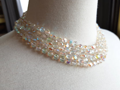 Vintage 50s GLITTERING Necklace,Faceted AB Crystals Necklace,Sparkling 5 Strand Crystals,Bridal Necklace, Wedding, Evening Vintage Jewelry