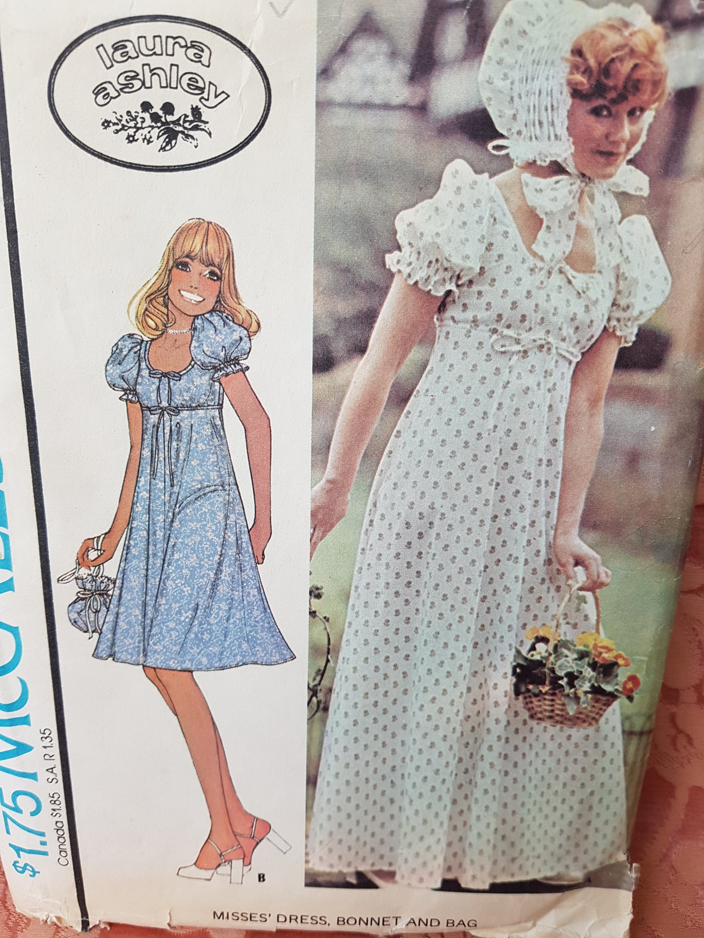 1970s LAURA ASHLEY Romantic Empire Waist Baby Doll Dress ,Bonnet Hat and Drawstring Bag Pattern McCALLs 4547 Short or Midi Length Dress, Bust 34 Vintage Sewing Pattern