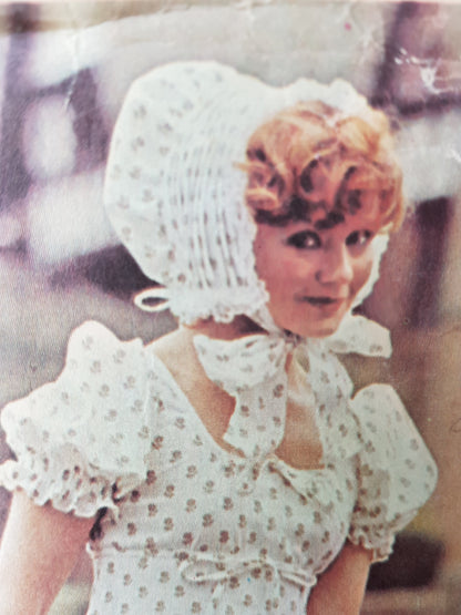 1970s LAURA ASHLEY Romantic Empire Waist Baby Doll Dress ,Bonnet Hat and Drawstring Bag Pattern McCALLs 4547 Short or Midi Length Dress, Bust 34 Vintage Sewing Pattern