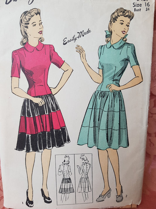 1940s LOVELY Swing Era Dress Pattern DUBARRY 5461 Button Back Dress, Flared Skirt, Bust 34 Easy To Make Vintage Sewing Pattern FF