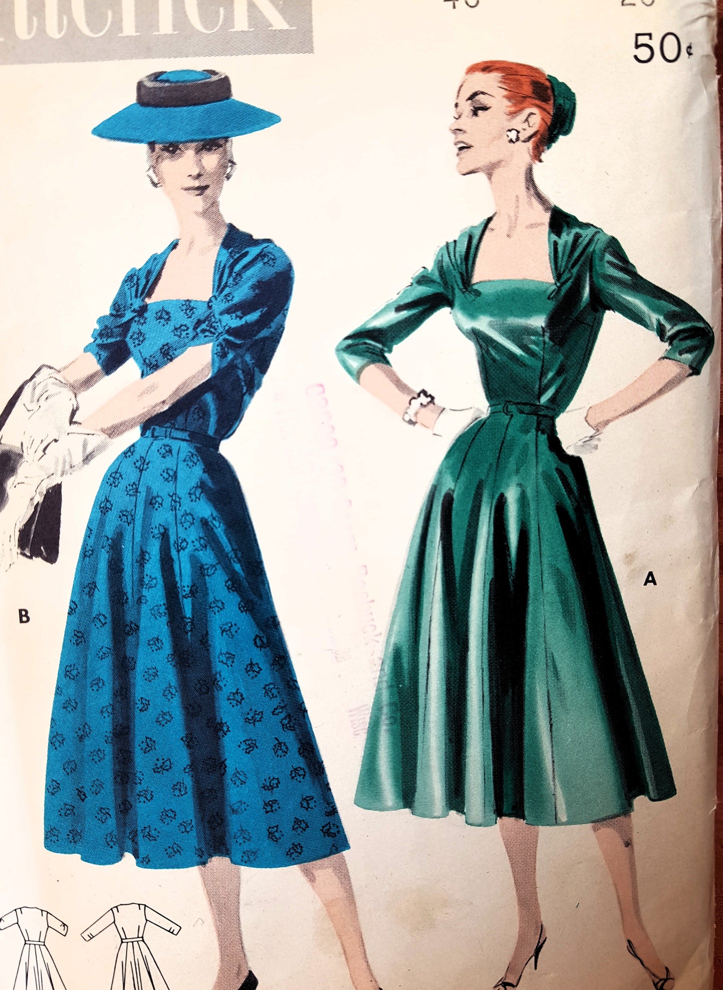 1950s FLATTERING Day or Party Dress Pattern BUTTERICK 7893 Lovely Neckline, Bust 40 Vintage sewing Pattern FF