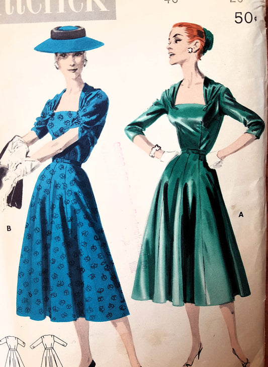 1950s FLATTERING Day or Party Dress Pattern BUTTERICK 7893 Lovely Neckline, Bust 40 Vintage sewing Pattern FF