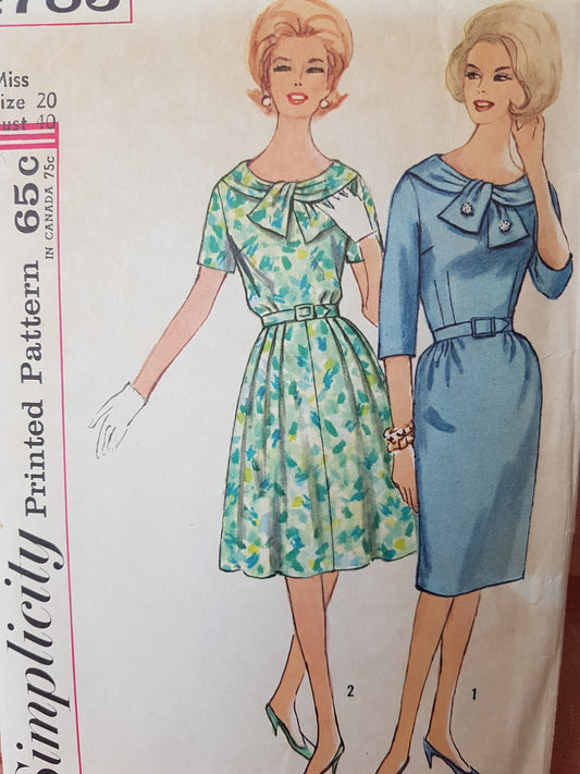 Early 1960s FLATTERING Dress Pattern SIMPLICITY 4783 Two Skirt Version, Lovely Neckline, Bust 40 Vintage Sewing Pattern