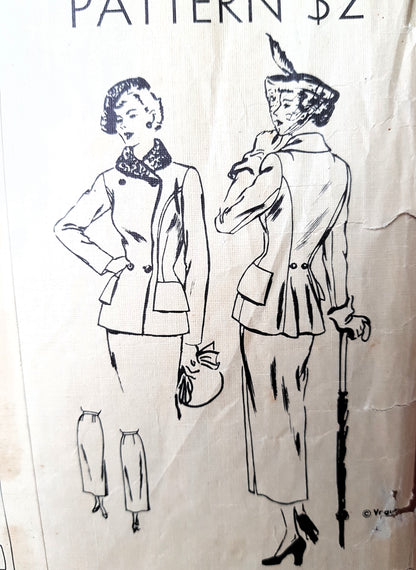 Late 1940s STUNNING Suit Pattern VOGUE Couturier Design 459 Beautiful Fitted Double Breasted Jacket, Slim Skirt, Bust 34 Vintage Sewing Pattern