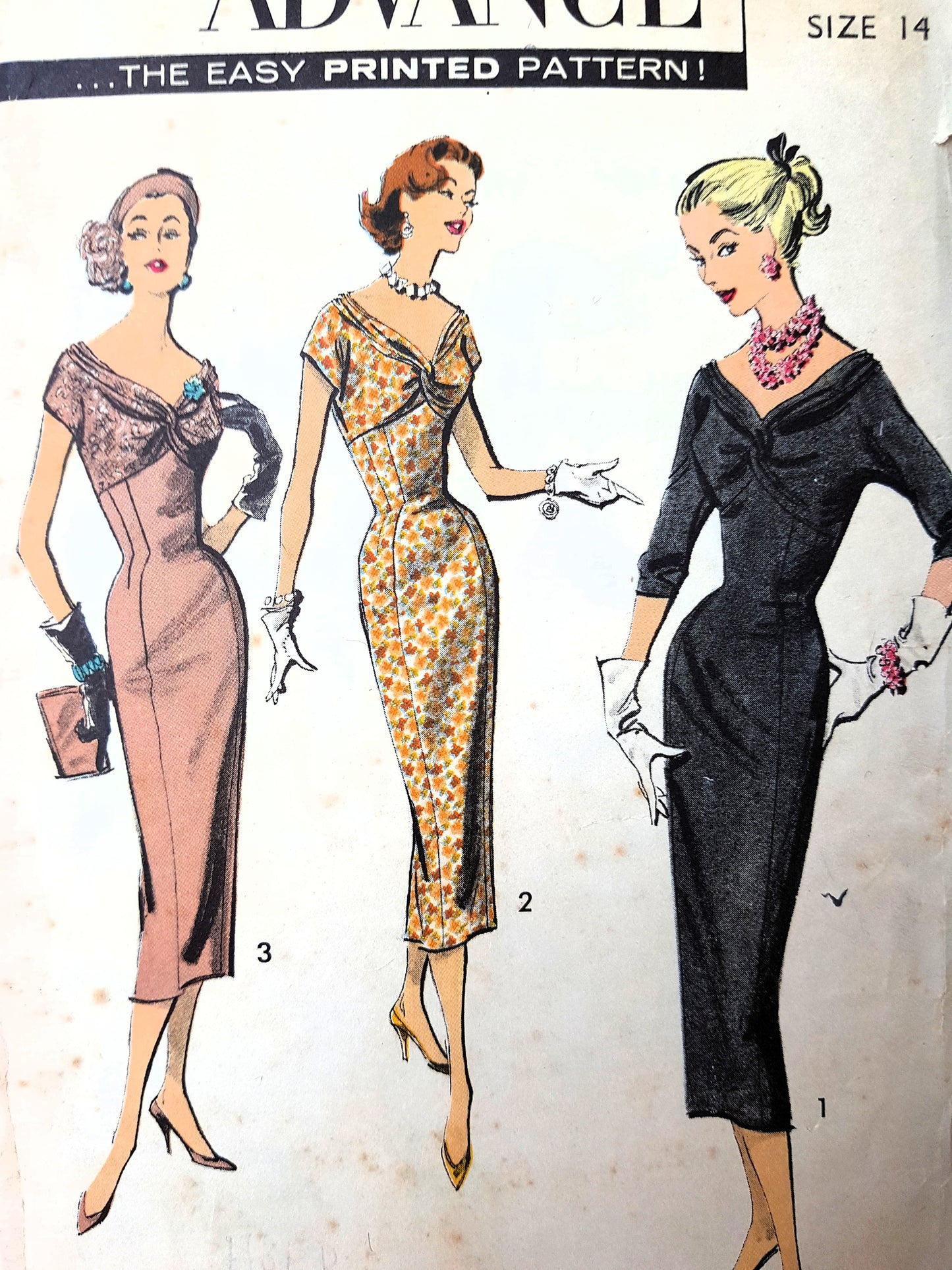 1950s DRAMATIC Bombshell Evening Cocktail Party Dress Pattern ADVANCE 8373 Figure Flattering Draped Top Sheath Bust 34 Vintage Sewing Pattern
