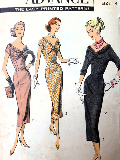 1950s DRAMATIC Bombshell Evening Cocktail Party Dress Pattern ADVANCE 8373 Figure Flattering Draped Top Sheath Bust 34 Vintage Sewing Pattern