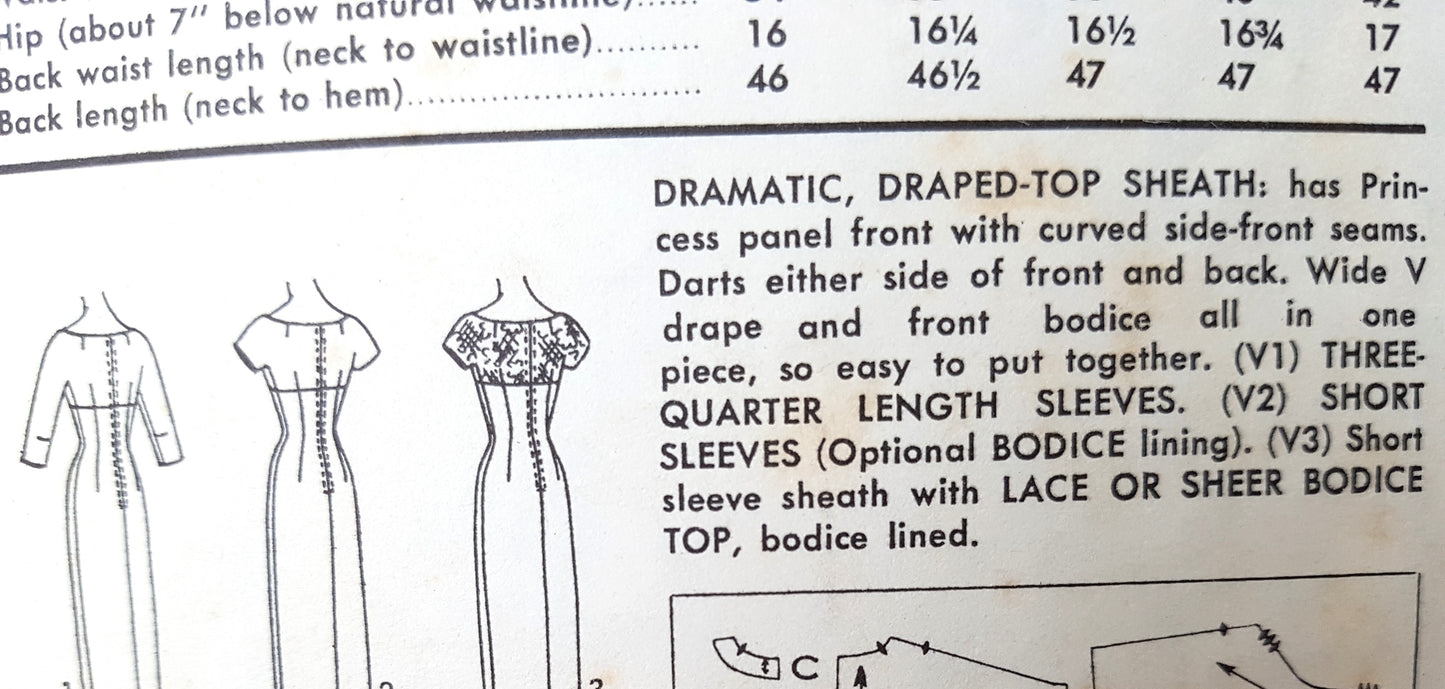 1950s DRAMATIC Bombshell Evening Cocktail Party Dress Pattern ADVANCE 8373 Figure Flattering Draped Top Sheath Bust 34 Vintage Sewing Pattern