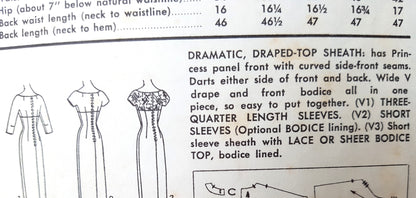 1950s DRAMATIC Bombshell Evening Cocktail Party Dress Pattern ADVANCE 8373 Figure Flattering Draped Top Sheath Bust 34 Vintage Sewing Pattern