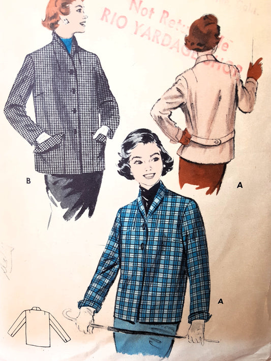 1950s BOXY Jacket Coat Pattern BUTTERICK Rolled Collared, Straight Design Belted or Not, Easy Casual Jacket, Bust 34 Vintage Sewing Pattern