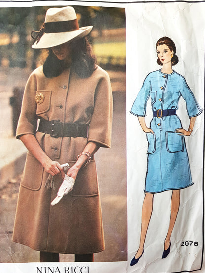 1970s EASY ELEGANCE Nina Ricci Dress Pattern VOGUE Paris Original 2676 Bust 38 Vintage Sewing Pattern