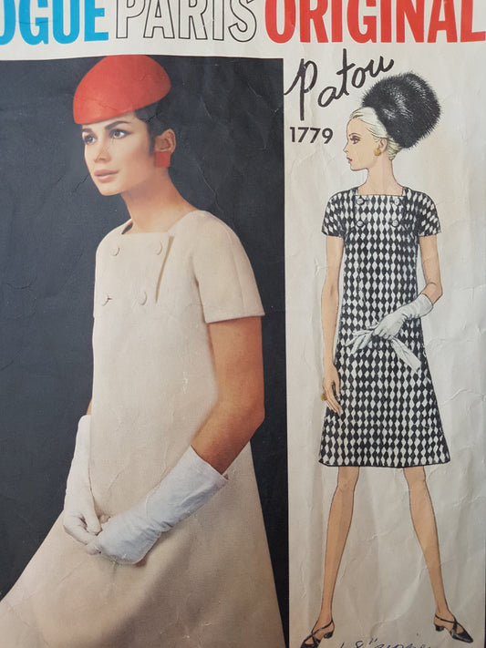 1960s MOD Patou Dress Pattern VOGUE Paris Original 1779 Lovely Square Neckline Dress Bust 32 Vintage Sewing Pattern