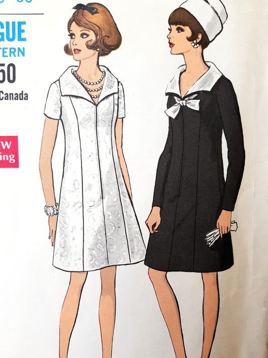 1960s MOD Dress Pattern VOGUE 7504 Princess Seamed A Line, Detachable Collar, Bust 36 Vintage Sewing Pattern FF
