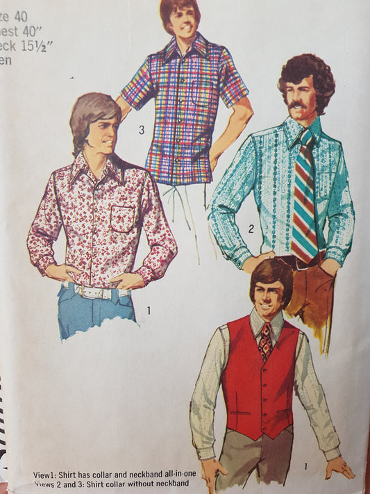 Retro Robert Redford Style Shirt  and Vest Mens Pattern SIMPLICITY 5047 Three Styles, Chest Size 40 Vintage Sewing Pattern FACTORY FOLDED