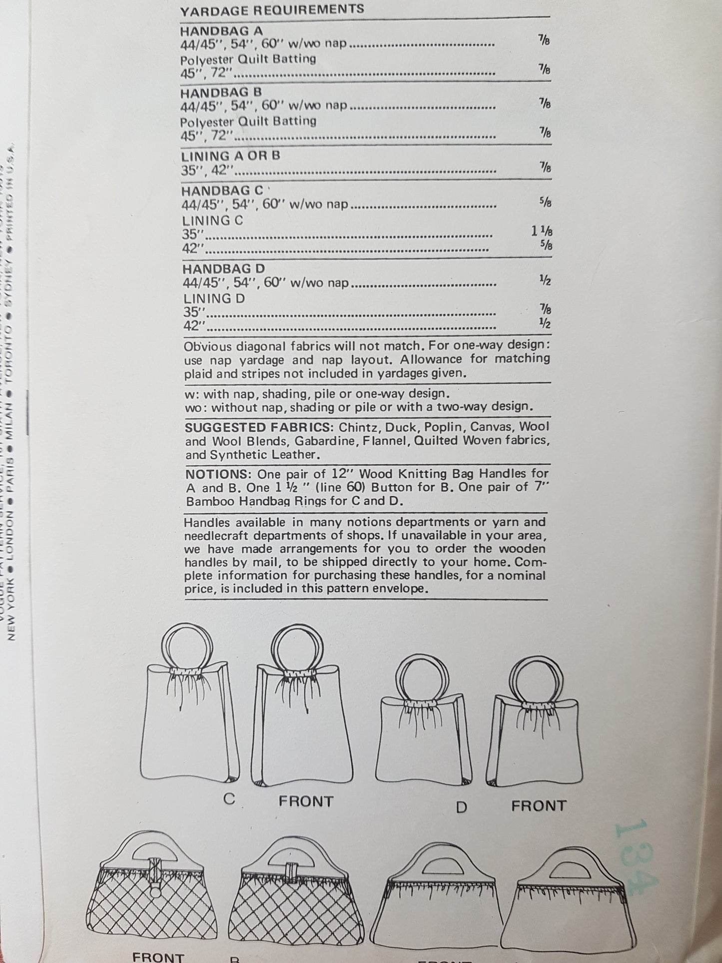 1970s RETRO Handbags Pattern VOGUE 8833 Two Sizes and Shapes Purses Bags Vintage Sewing Pattern