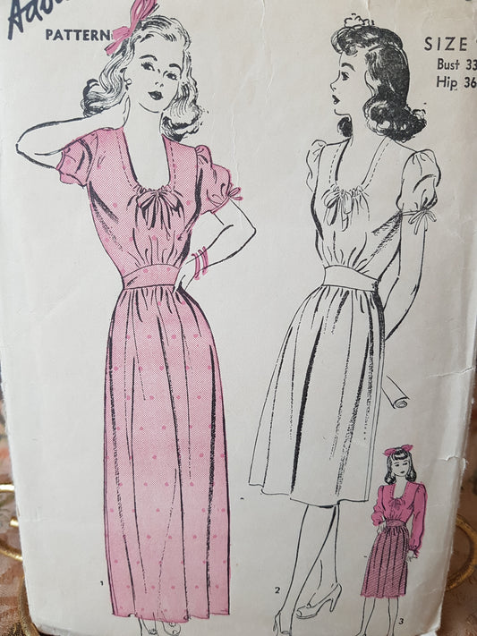 1940s CUTE Puff Sleeved Blouse and Skirt in 2 Lengths Pattern ADVANCE 3436 Day or Evening Length Skirts, Bust 33 Vintage Sewing Pattern
