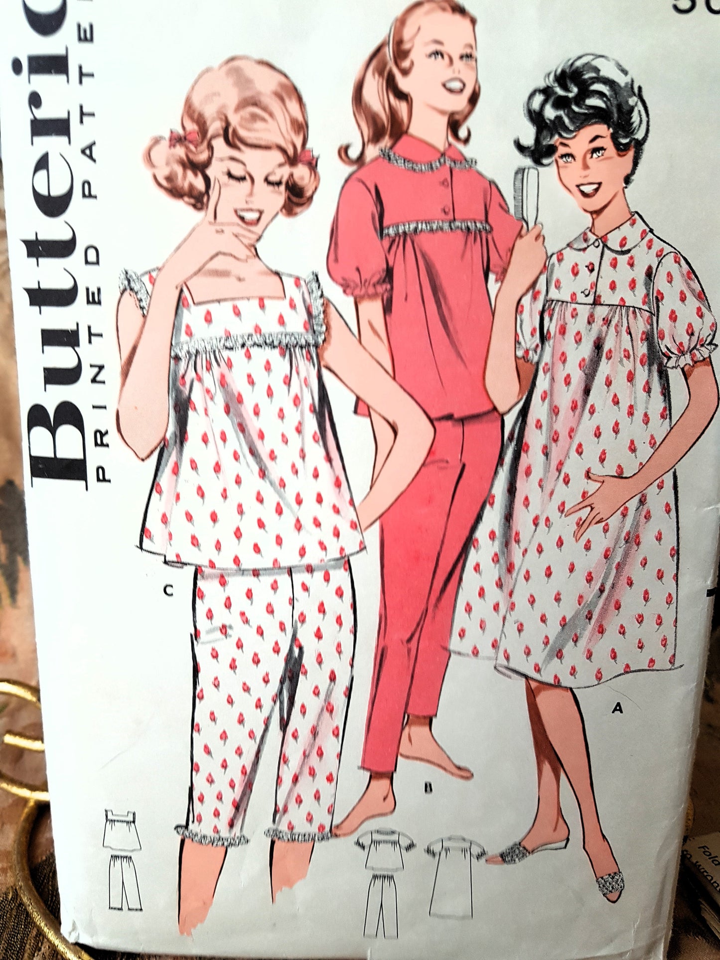 Late 1950s CUTE Lingerie Pattern BUTTERICK 9444 Nightgown and Pajamas, Three Sleep Wear Styles Bust 32 Vintage Sewing Pattern