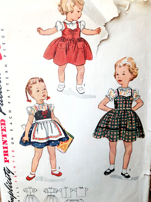 1950s ADORABLE Little Girls Jumper Dress Puff Sleeve Blouse and Apron Pattern SIMPLICITY 3649 Size 6 Vintage Sewing Pattern