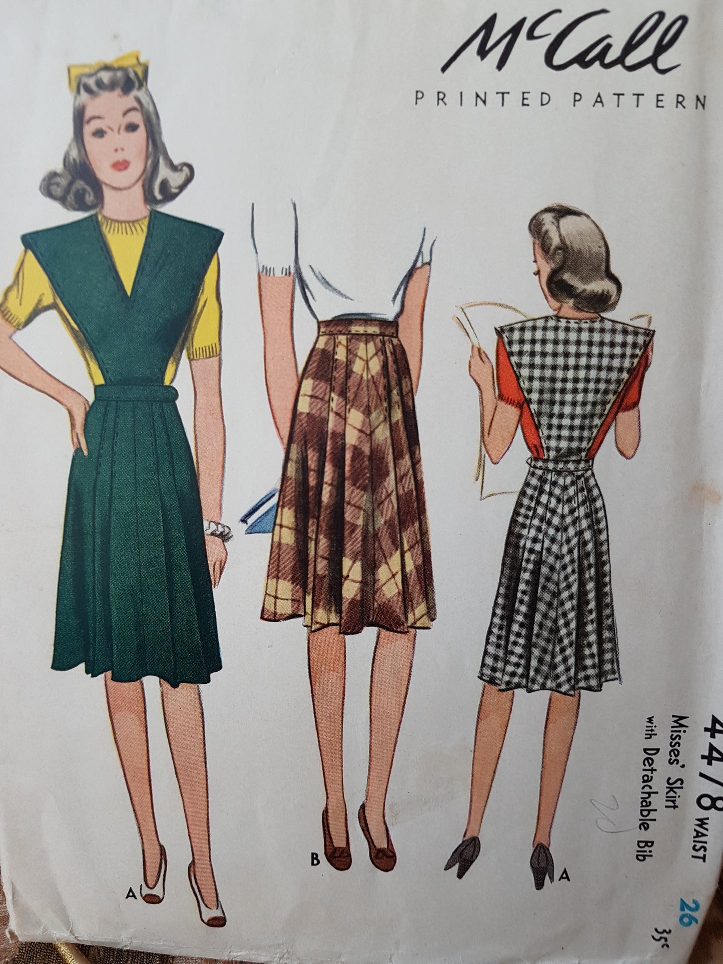WW II Era 1940s Flared Skirt with Detachable Bib Pattern McCALL 4478 Lovely Flared Skirt, Waist 26 Vintage Sewing Pattern FF
