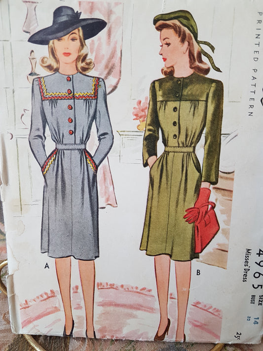 1940s STYLISH Dress Pattern McCALL 4965 WW II Era Dress Bust 32 Vintage Sewing Pattern