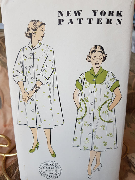 Early 1950s PRETTY Housecoat Pattern NEW YORK 1599 Two Comfy Looking Style Versions, Bust 32 Vintage Sewing Pattern FACTORY FOLDED