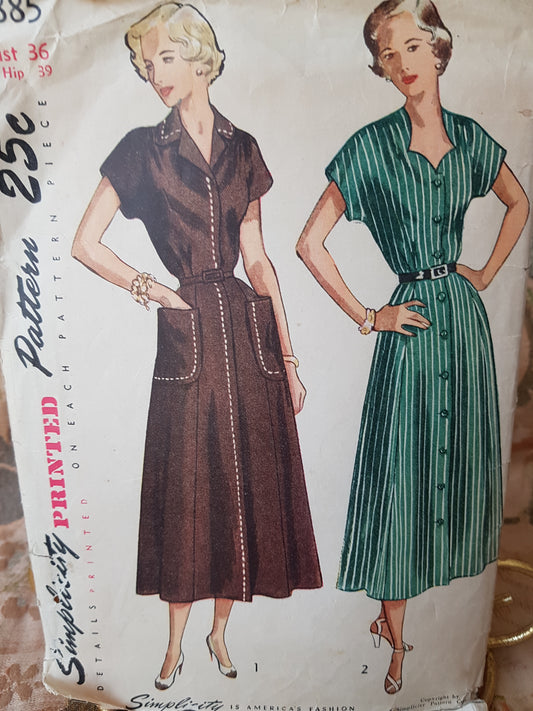 Late 1940s CHIC Dress Pattern SIMPLICITY 2885 Two Lovely Styles, Bust 36 Vintage Sewing Pattern