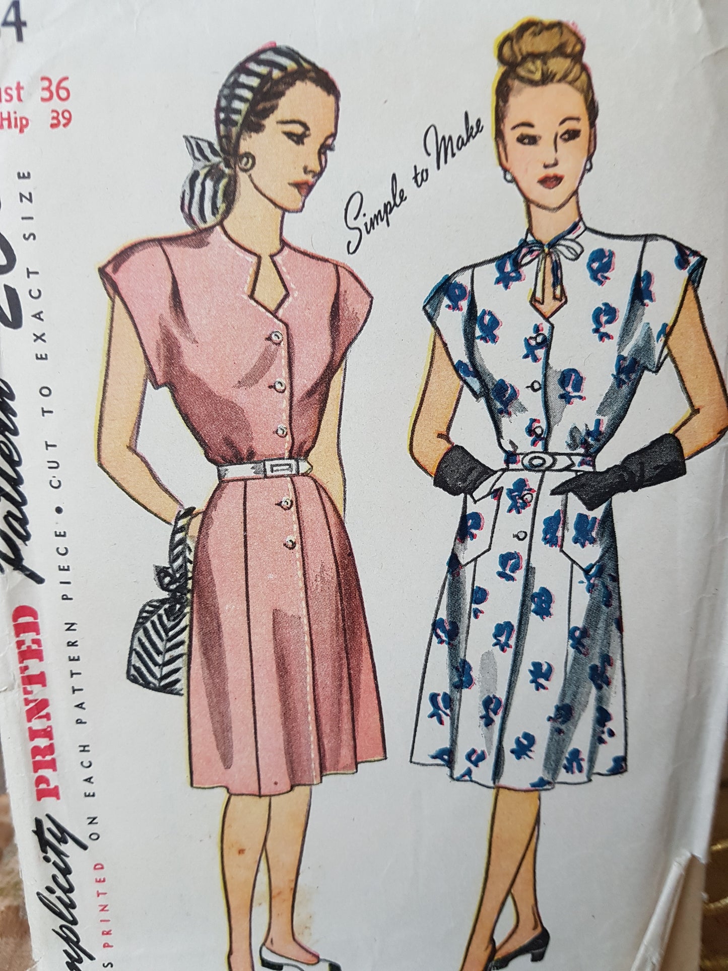 1940s LOVELY Dress Pattern SIMPLICITY 1684 Keyhole Neckline Front Button Dress, Bust 36 Simple To Make Vintage Sewing Pattern