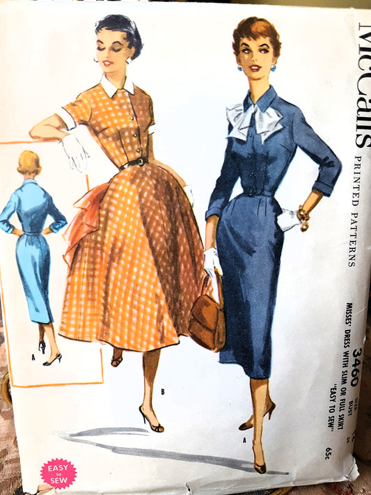 1950s EASY To Sew Dress McCALLs 3460 Slim or Full Skirt Dress Bust 34 Vintage Sewing Pattern