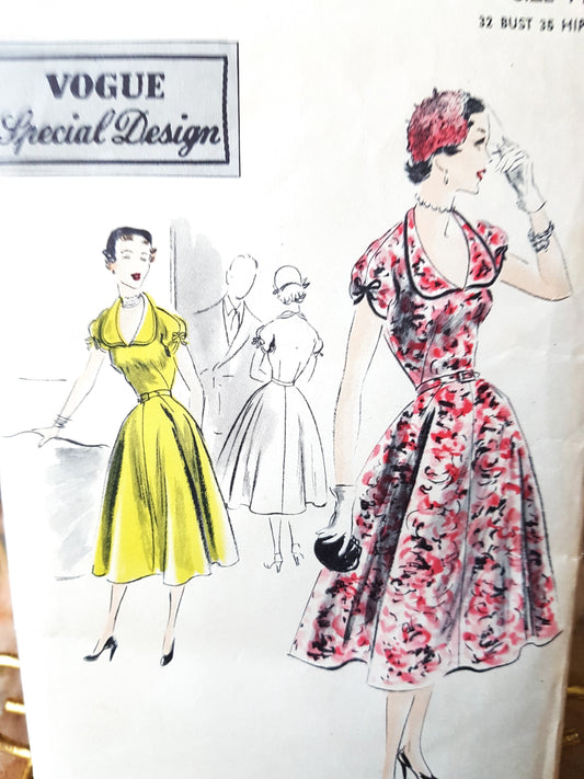 1950s LOVELY Cocktail Evening Party Dress VOGUE Special Design 4174 Eye Catching Deep Open Neckline, Circular Skirt , Bust 32 Vintage Sewing Pattern