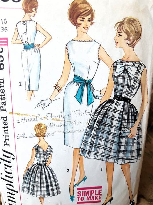 Early 1960s FABULOUS Slim or Full Skirt Dress Pattern SIMPLICITY 3909 Bateau Neckline Day or Party Dress Bust 36 Simple To Make Vintage Sewing Pattern