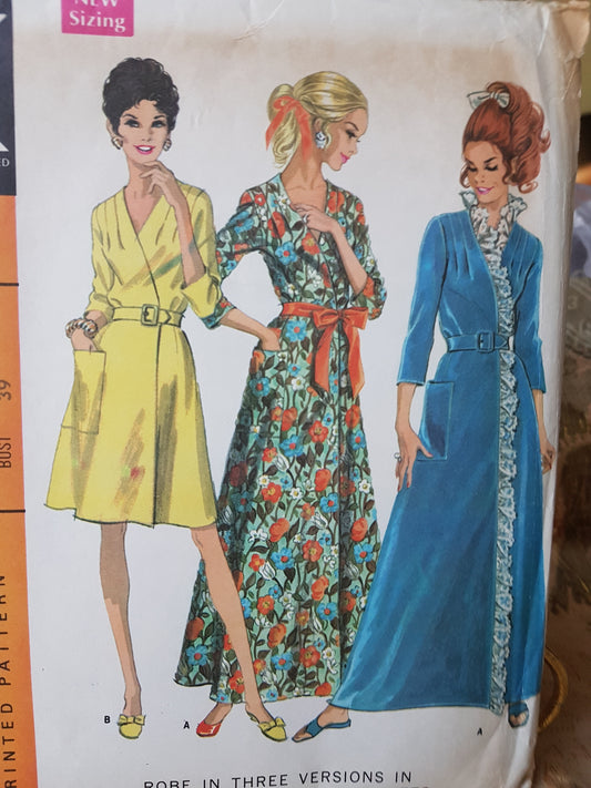 1960s House Coat Robe in 3 Versions Pattern McCALLs 9443 Two Lengths, Bathrobe Lounging Brunch Coat, Bust 39 Vintage Sewing Pattern FF