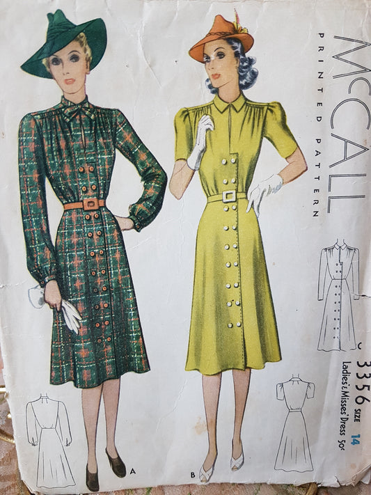 Late 30s FABULOUS Front Button Dress Pattern McCALL 3356 Key Hole Neckline Very Stylish Design, Bust 32 Vintage Sewing Pattern